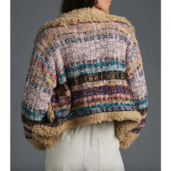 Anthropologie Cropped  Faux Shearling Fur Sherpa Cuffs Tweed Sweater Coat Size L - Picture 3 of 11